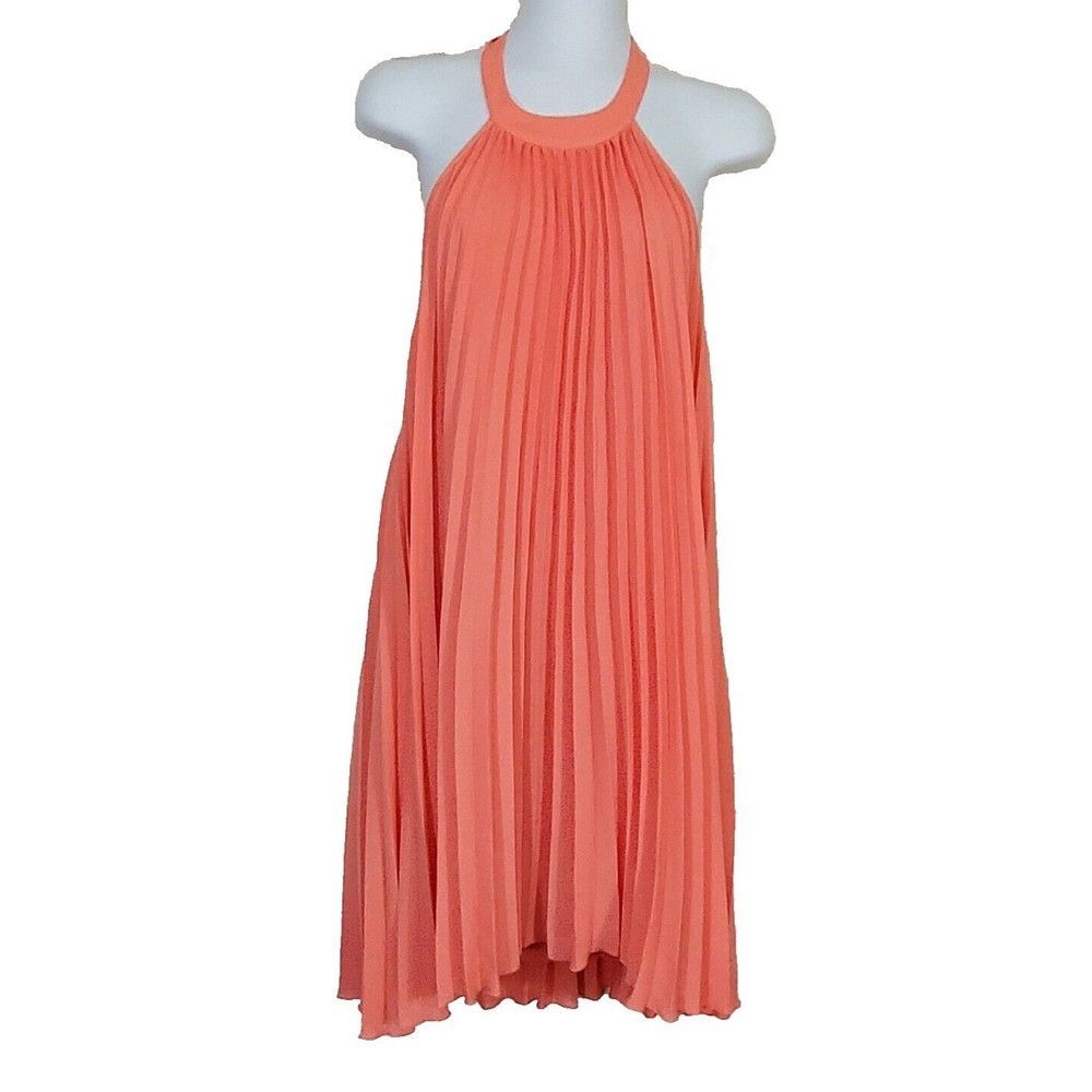 Kaari Blue Dress Small Coral Accordion Pleated A-Line Swing Halter Backless